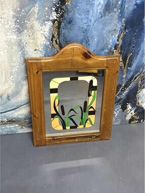 Vintage Stained Glass Cattails Plants Rectangle 80s Wall Mirror